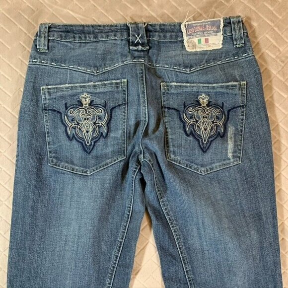 Leo Roma Women 9 Denim Jeans Blue Flare Low Rise Western Y2K Embroidered Pockets - Picture 8 of 12